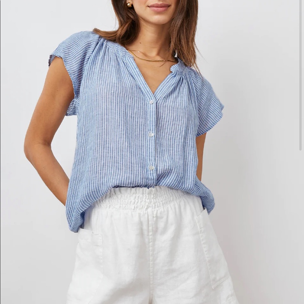 Rails Light Blue Striped Button-Front Cap Sleeve Blouse